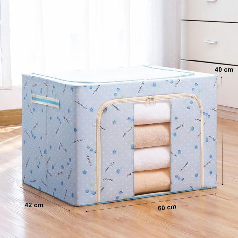 Cutie de depozitare pliabila, 100 l, din tesatura oxford, 60x42x40 cm, fereastra frontala, 2 usi de acces cu fermoar bidirectional, cadru metalic, suport baza stabil din plastic, imprimeu cirese, albastru [2]