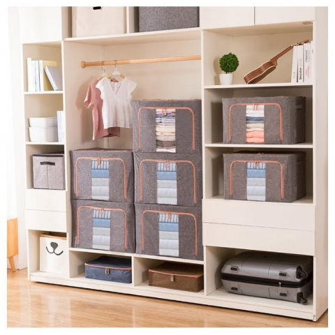 Cutie de depozitare pliabila, 24 l, din bumbac si in, 40x30x20 cm, 2 ferestre, frontala si laterala, 2 usi de acces cu fermoar bidirectional, cadru metalic, suport baza stabil din plastic, gri [1]