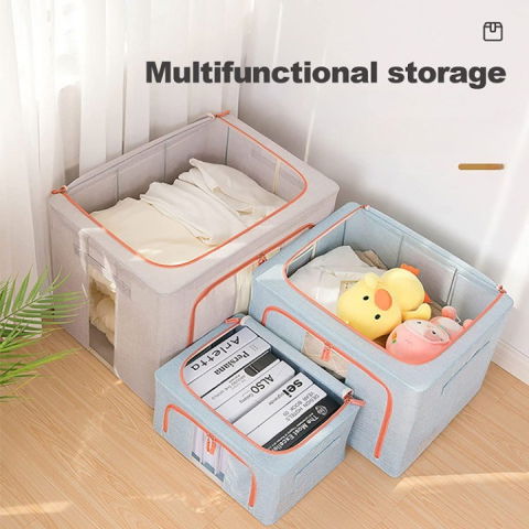 Cutie de depozitare pliabila, 24 l, din bumbac si in, 40x30x20 cm, fereastra frontala, 2 usi de acces cu fermoar bidirectional, cadru metalic, suport baza stabil din plastic, bleu [2]