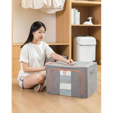 Cutie de depozitare pliabila, 24 l, din bumbac si in, 40x30x20 cm, fereastra frontala, 2 usi de acces cu fermoar bidirectional, cadru metalic, suport baza stabil din plastic, gri [9]