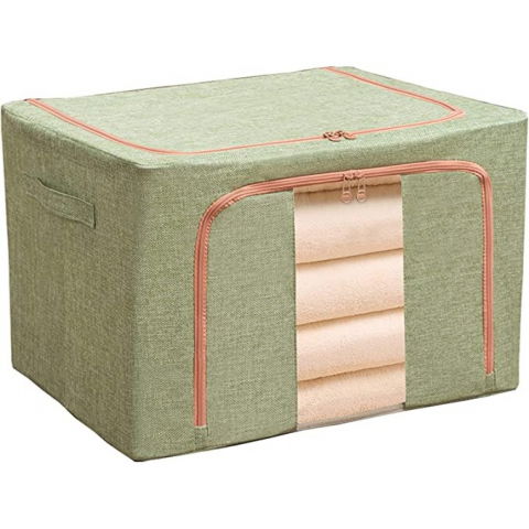 Cutie de depozitare pliabila, 24 l, din bumbac si in, 40x30x20 cm, fereastra frontala, 2 usi de acces cu fermoar bidirectional, cadru metalic, suport baza stabil din plastic, verde [2]