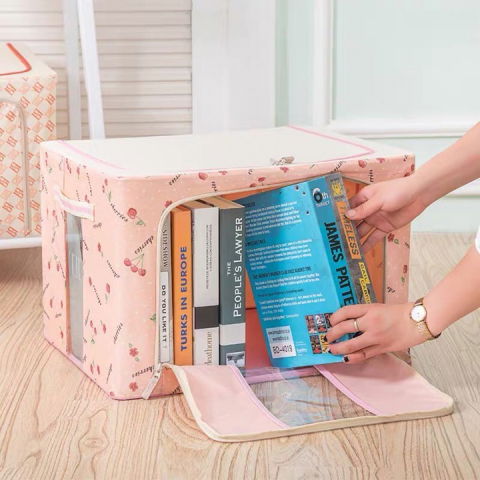 Cutie de depozitare pliabila, 24 l, panza oxford, 40x30x20 cm, fereastra frontala, 2 usi de acces cu fermoar bidirectional, cadru metalic, suport baza stabil din plastic, imprimeu cirese, roz [2]