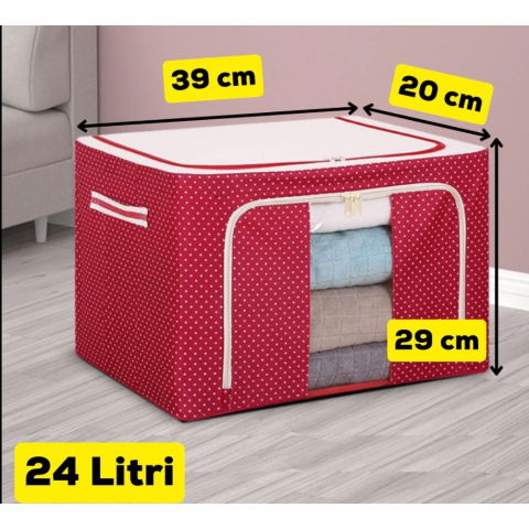 Cutie de depozitare pliabila, 24 l, panza oxford, 40x30x20 cm, fereastra frontala, 2 usi de acces cu fermoar bidirectional, cadru metalic, suport baza stabil din plastic, imprimeu buline, rosu [2]