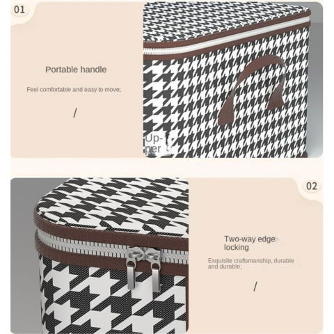 Cutie de depozitare pliabila, 55x35x25 cm, 50 l, fereastra frontala, cu fermoar bidirectional, suport baza stabil, imprimeu in carouri, alb/negru [1]