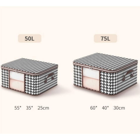 Cutie de depozitare pliabila, 55x35x25 cm, 50 l, fereastra frontala, cu fermoar bidirectional, suport baza stabil, imprimeu in carouri, alb/negru [3]