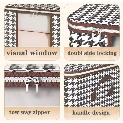 Cutie de depozitare pliabila, 55x35x25 cm, 50 l, fereastra frontala, cu fermoar bidirectional, suport baza stabil, imprimeu in carouri, alb/negru [6]