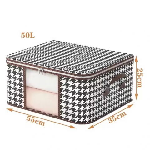 Cutie de depozitare pliabila, 55x35x25 cm, 50 l, fereastra frontala, cu fermoar bidirectional, suport baza stabil, imprimeu in carouri, alb/negru [7]