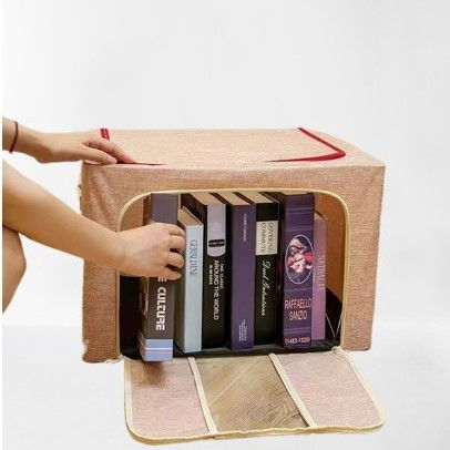 Cutie de depozitare pliabila, 66 l, din bumbac si in, 33x40x50 cm, 2 ferestre, frontala si laterala, 2 usi de acces cu fermoar bidirectional, cadru metalic, suport baza stabil din plastic, roz pudrat [1]