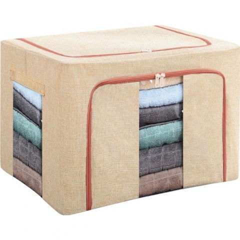 Organizare pentru casă - Cutie de depozitare pliabila, 66 l, din bumbac si in, 33x40x50 cm, 2 ferestre, frontala si laterala, 2 usi de acces cu fermoar bidirectional, cadru metalic, suport baza stabil din plastic, roz pudrat