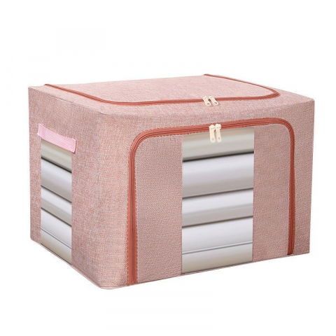Cutie de depozitare pliabila, 66 l, din bumbac si in, 50x40x33 cm, 2 ferestre, frontala si laterala, 2 usi de acces cu fermoar bidirectional, cadru metalic, suport baza stabil din plastic, roz pudrat [3]