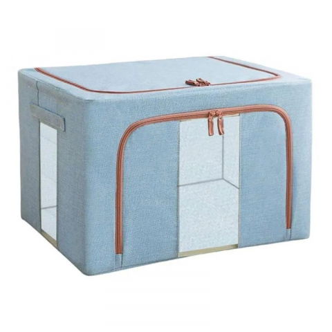 Cutie de depozitare pliabila, 66 l, din bumbac si in, 50x40x33 cm, 2 ferestre, frontala si laterala, 2 usi de acces cu fermoar bidirectional, cadru metalic, suport baza stabil din plastic, bleu [2]