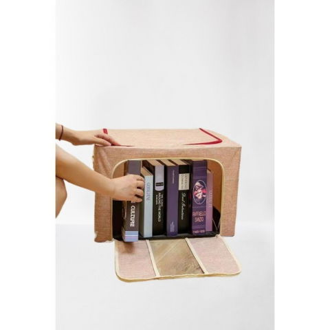 Cutie de depozitare pliabila, 66 l, din bumbac si in, 50x40x33 cm, 2 ferestre, frontala si laterala, 2 usi de acces cu fermoar bidirectional, cadru metalic, suport baza stabil din plastic, roz pudrat [1]