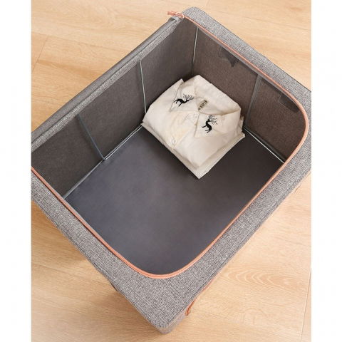 Cutie de depozitare pliabila, 66 l, din bumbac si in, 50x40x33 cm, fereastra frontala, 2 usi de acces cu fermoar bidirectional, cadru metalic, suport baza stabil din plastic, gri [9]