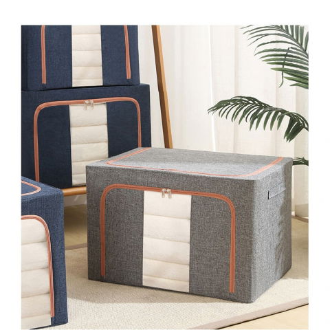 Cutie de depozitare pliabila, 66 l, din bumbac si in, 50x40x33 cm, fereastra frontala, 2 usi de acces cu fermoar bidirectional, cadru metalic, suport baza stabil din plastic, gri [15]