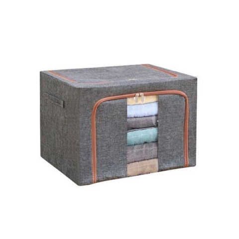 Cutie de depozitare pliabila, 66 l, din bumbac si in, 50x40x33 cm, fereastra frontala, 2 usi de acces cu fermoar bidirectional, cadru metalic, suport baza stabil din plastic, gri [7]