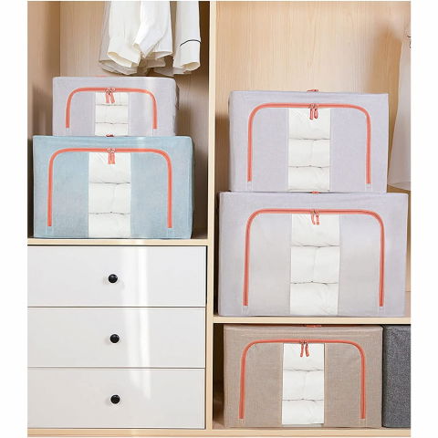 Cutie de depozitare pliabila, 66 l, din bumbac si in, 50x40x33 cm, fereastra frontala transparenta, 2 usi de acces cu fermoar bidirectional, cadru metalic, suport baza stabil din plastic, bleu [3]