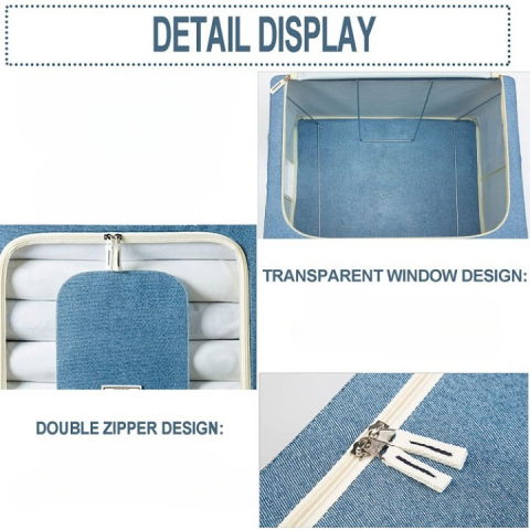 Cutie de depozitare pliabila, 66 l, din bumbac si in, 50x40x33 cm, fereastra frontala transparenta, 2 usi de acces cu fermoar bidirectional, cadru metalic, suport baza stabil din plastic, bleu [4]