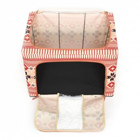 Cutie de depozitare pliabila, 66 l din bumbac si in, 52 x 42 x 39 cm, fereastra frontala, 2 usi de acces cu fermoar bidirectional, cadru metalic, suport baza stabil din plastic, motiv traditional model 5 [3]