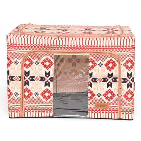 Organizare pentru casă - Cutie de depozitare pliabila, 66 l din bumbac si in, 52 x 42 x 39 cm, fereastra frontala, 2 usi de acces cu fermoar bidirectional, cadru metalic, suport baza stabil din plastic, motiv traditional model 5