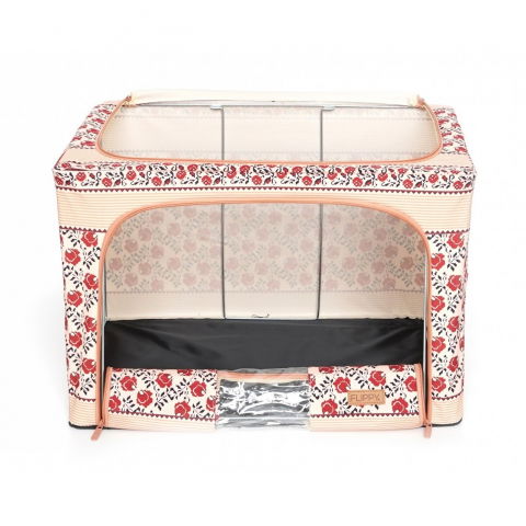 Cutie de depozitare pliabila, 66 l din bumbac si in, 52 x 42 x 39 cm, fereastra frontala, 2 usi de acces cu fermoar bidirectional, cadru metalic, suport baza stabil din plastic, motiv traditional model 7 [1]