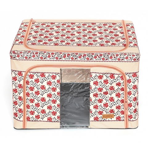Cutie de depozitare pliabila, 66 l din bumbac si in, 52 x 42 x 39 cm, fereastra frontala, 2 usi de acces cu fermoar bidirectional, cadru metalic, suport baza stabil din plastic, motiv traditional model 7 [5]