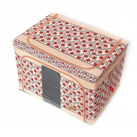 Cutie de depozitare pliabila, 66 l din bumbac si in, 52 x 42 x 39 cm, fereastra frontala, 2 usi de acces cu fermoar bidirectional, cadru metalic, suport baza stabil din plastic, motiv traditional model 7 [4]