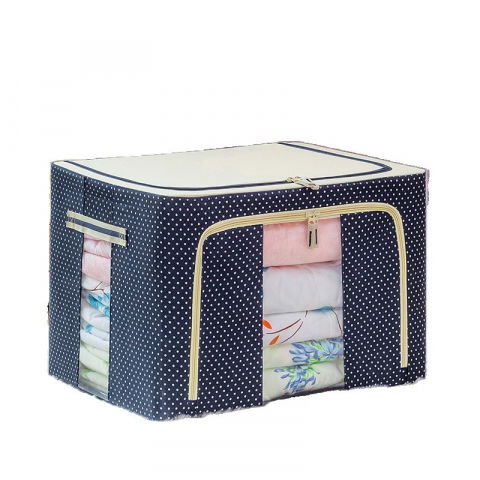Cutie de depozitare pliabila, 66 l, din panza oxford, 50x40x33 cm, 2 ferestre, frontala si laterala, 2 usi de acces cu fermoar bidirectional, cadru metalic, suport baza stabil din plastic, imprimeu buline, albastru marin [3]