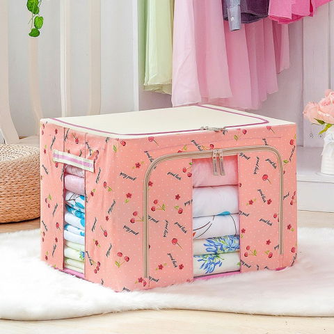 Cutie de depozitare pliabila, 66 l, din tesatura oxford, 50x40x33 cm, 2 ferestre, frontala si laterala, 2 usi de acces cu fermoar bidirectional, cadru metalic, suport baza stabil din plastic, imprimeu cirese, roz [1]