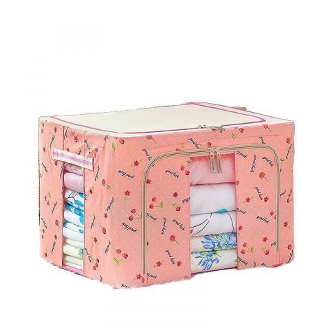 Cutie de depozitare pliabila, 66 l, din tesatura oxford, 50x40x33 cm, 2 ferestre, frontala si laterala, 2 usi de acces cu fermoar bidirectional, cadru metalic, suport baza stabil din plastic, imprimeu cirese, roz [2]