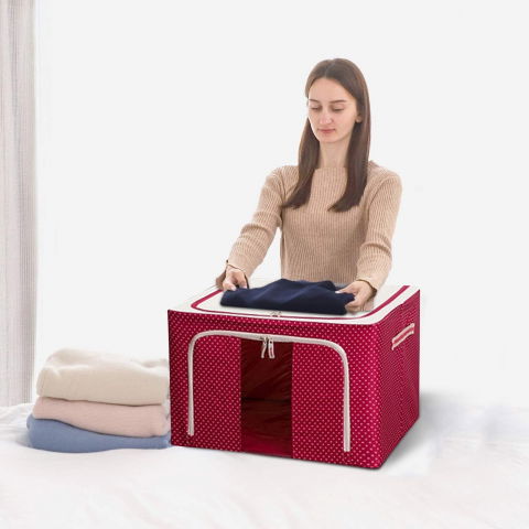 Cutie de depozitare pliabila, 66 l, din tesatura oxford, 50x40x33 cm, fereastra frontala, 2 usi de acces cu fermoar bidirectional, cadru metalic, suport baza stabil din plastic, imprimeu buline, rosu [1]