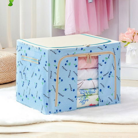 Cutie de depozitare pliabila, 66 l, din tesatura oxford, 50x40x33 cm, fereastra frontala, 2 usi de acces cu fermoar bidirectional, cadru metalic, suport baza stabil din plastic, imprimeu cirese, albastru [1]