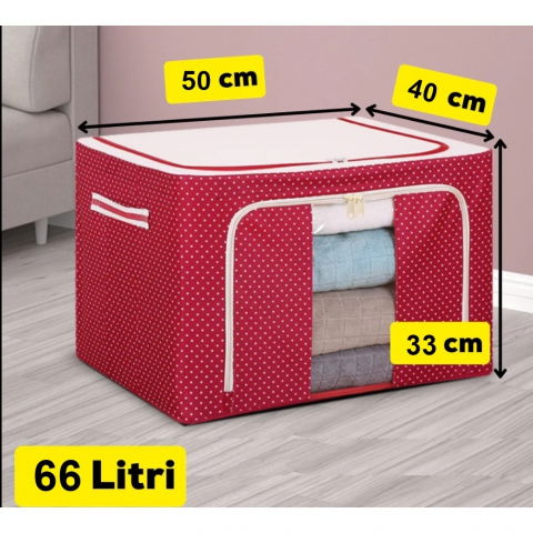 Pentru haine și lenjerie - Cutie de depozitare pliabila, 66 l, din tesatura oxford, 50x40x33 cm, fereastra frontala, 2 usi de acces cu fermoar bidirectional, cadru metalic, suport baza stabil din plastic, imprimeu buline, rosu