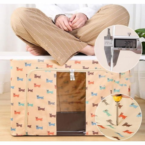 Pentru haine și lenjerie - Cutie de depozitare pliabila, 66 l, panza oxford, 50x40x33 cm, fereastra frontala, 2 usi de acces cu fermoar bidirectional, cadru metalic, suport baza stabil din plastic, imprimeu catelus, bej