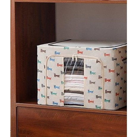 Cutie de depozitare pliabila, 66 l, panza oxford, 50x40x33 cm, fereastra frontala, 2 usi de acces cu fermoar bidirectional, cadru metalic, suport baza stabil din plastic, imprimeu catelus, bej [3]