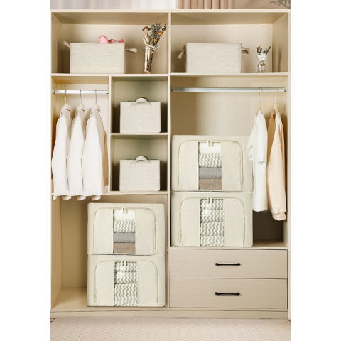 Cutie de depozitare pliabila, cu fereastra si fermoar dublu, 66 l, textil premium, 50x40x33 cm, cadru metalic, impermeabila, alb texturat [3]