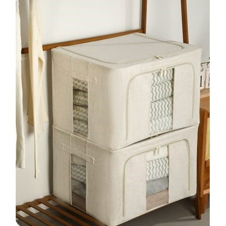 Cutii depozitare/L/Impermeabil si acces dublu - Cutie de depozitare pliabila, cu fereastra si fermoar dublu, 66 l, textil premium, 50x40x33 cm, cadru metalic, impermeabila, alb texturat