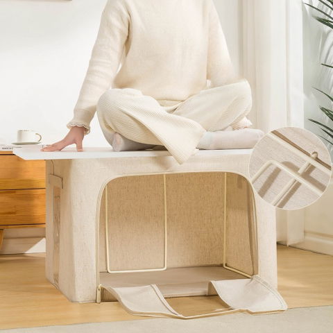 Cutie de depozitare pliabila, cu fereastra si fermoar dublu, 66 l, textil premium, 50x40x33 cm, cadru metalic, impermeabila, bej [10]