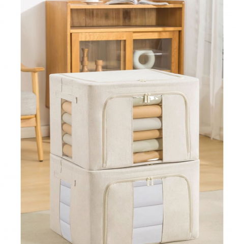 Cutie de depozitare pliabila, cu fereastra si fermoar dublu, 66 l, textil premium, 50x40x33 cm, cadru metalic, impermeabila, bej [27]