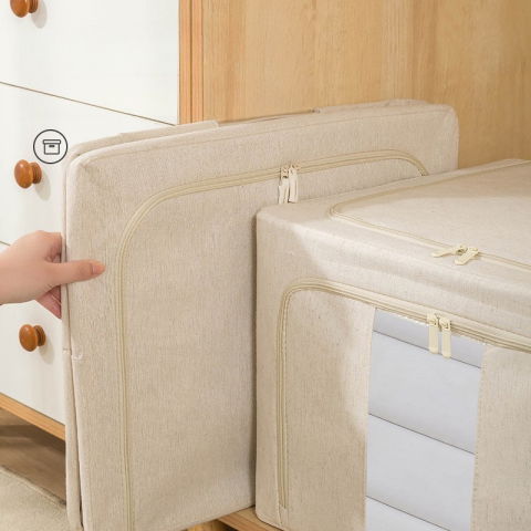 Cutie de depozitare pliabila, cu fereastra si fermoar dublu, 66 l, textil premium, 50x40x33 cm, cadru metalic, impermeabila, bej [28]