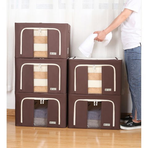 Cutie de depozitare pliabila, cu fereastra si fermoar dublu, 66 l, textil premium, 50x40x33 cm, cadru metalic, impermeabila, maro [3]