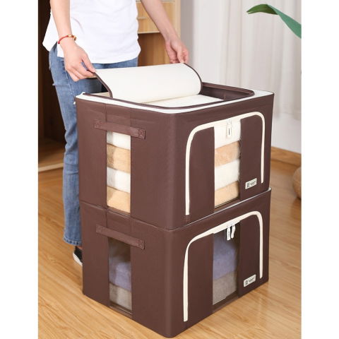 Cutie de depozitare pliabila, cu fereastra si fermoar dublu, 66 l, textil premium, 50x40x33 cm, cadru metalic, impermeabila, maro [1]