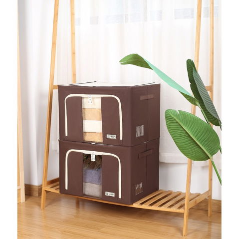 Cutie de depozitare pliabila, cu fereastra si fermoar dublu, 66 l, textil premium, 50x40x33 cm, cadru metalic, impermeabila, maro [2]