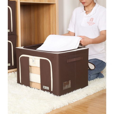 Cutie de depozitare pliabila, cu fereastra si fermoar dublu, 66 l, textil premium, 50x40x33 cm, cadru metalic, impermeabila, maro [7]