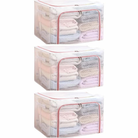 Cutie de depozitare pliabila, cu fereastra si fermoar dublu rosu, 66 l, textil, 50x40x33 cm, cadru metalic, impermeabila, transparent [3]