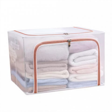 Pentru haine și lenjerie - Cutie de depozitare pliabila, cu fereastra si fermoar dublu rosu, 66 l, textil, 50x40x33 cm, cadru metalic, impermeabila, transparent