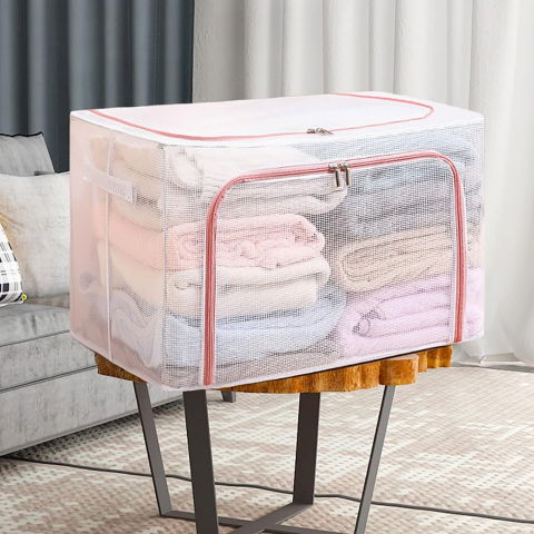 Cutie de depozitare pliabila, cu fereastra si fermoar dublu rosu, 66 l, textil, 50x40x33 cm, cadru metalic, impermeabila, transparent [4]