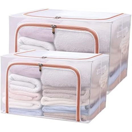 Cutie de depozitare pliabila, cu fereastra si fermoar dublu rosu, 66 l, textil, 50x40x33 cm, cadru metalic, impermeabila, transparent [5]