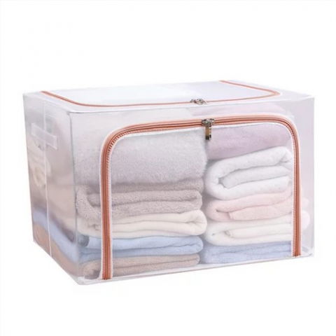 Cutie de depozitare pliabila, cu fereastra si fermoar dublu rosu, 66 l, textil, 50x40x33 cm, cadru metalic, impermeabila, transparent [2]