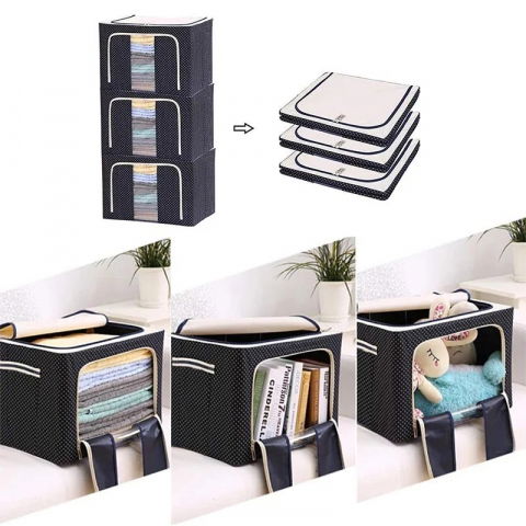 Cutie de depozitare pliabila, cu fermoar, 100 l, textil, 60x42x40 cm, albastru marin, cadru metalic, suport baza stabil din plastic, imprimeu buline [6]