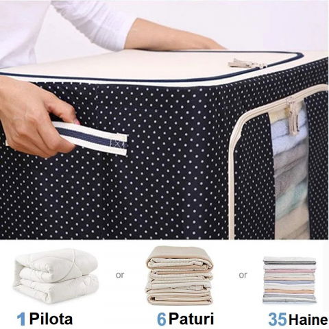 Cutie de depozitare pliabila, cu fermoar, 100 l, textil, 60x42x40 cm, albastru marin, cadru metalic, suport baza stabil din plastic, imprimeu buline [7]